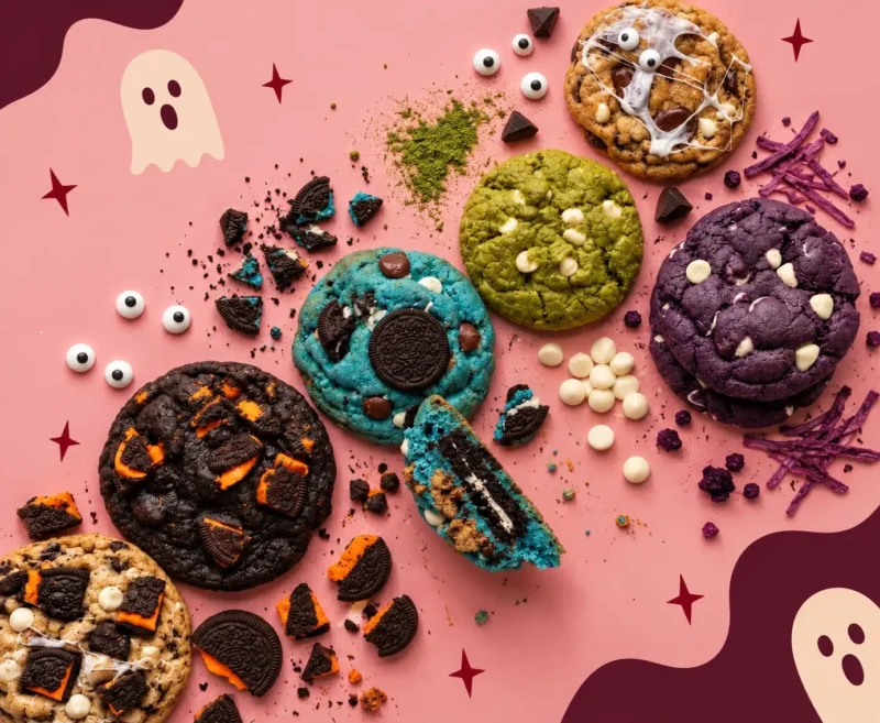 Halloween-kassen med seks farverige cookies: Pumpkin, Spiderweb, Witches Brew, Monster Matcha, Loaded Cookies & Cream og Cookie Monster.